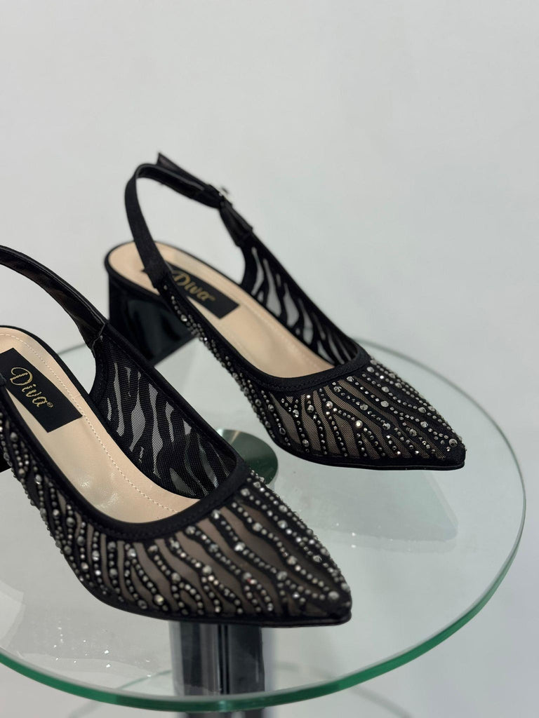 Siyah Taşlı Fileli Topuklu Kadın Ayakkabı