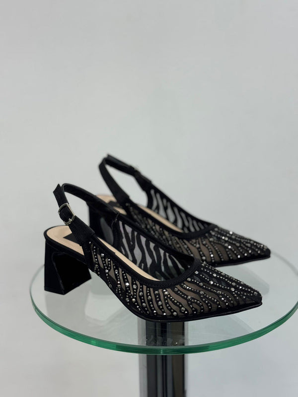 Siyah Taşlı Fileli Topuklu Kadın Ayakkabı