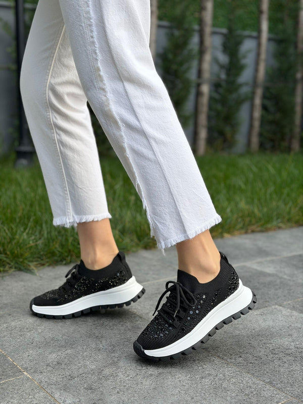 Siyah Triko Taşlı Kadın Günlük Spor Ayakkabı