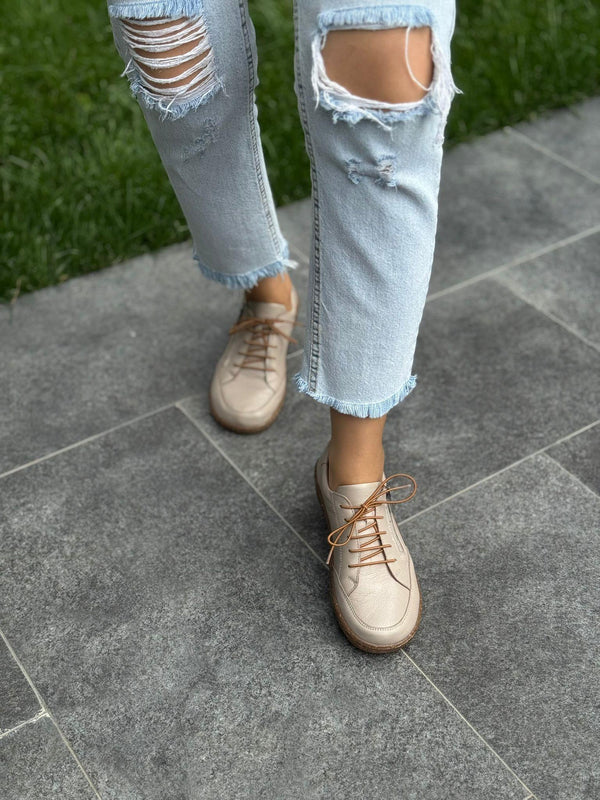 Vizon Deri Lastikli Fermuarlı Kadın Günlük Ayakkabı