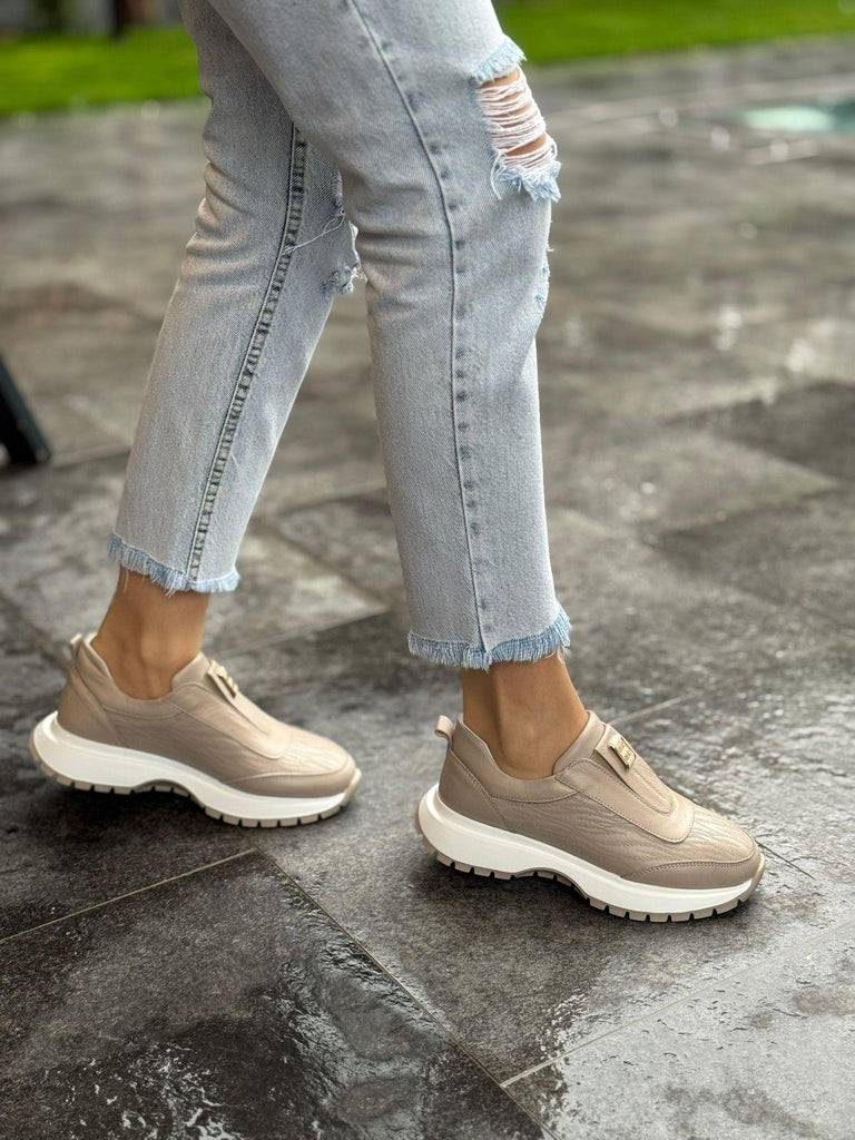 Vizon Deri Lastikli Kadın Günlük Spor Ayakkabı