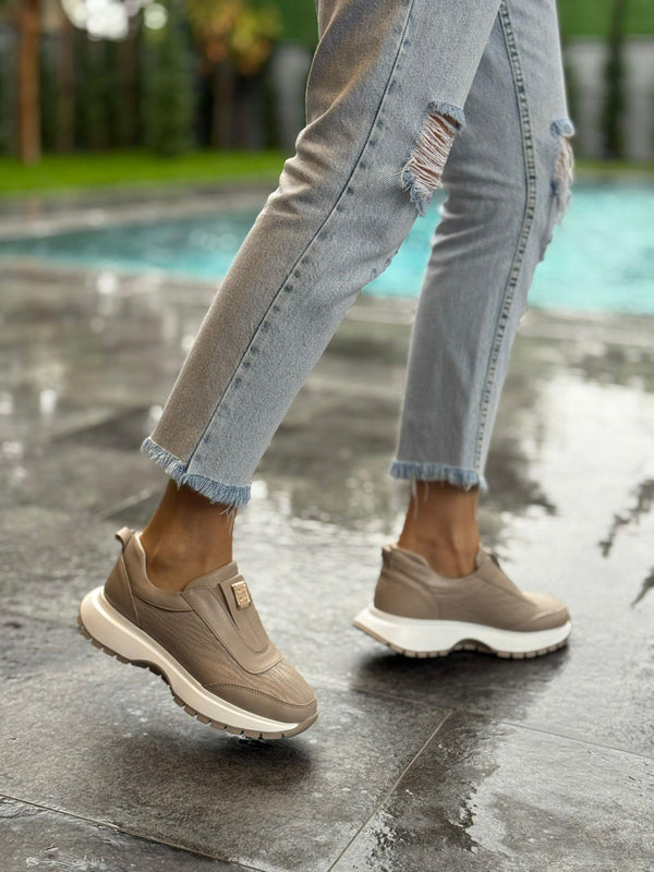 Vizon Deri Lastikli Kadın Günlük Spor Ayakkabı